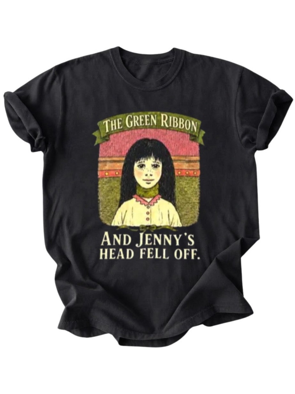 The Green Ribbon Scary Story Jenny's Head Graphic Art Black Gildan T-Shirt